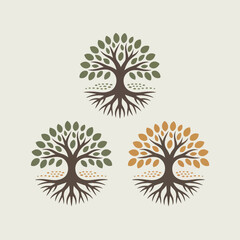 Three stylized trees with visible roots and leaves in green and orange colors
