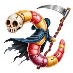 Detailed Digital Watercolor of Sour Candy Worm Grim Reaper with Stitched Cracks and Flowing Cape 
