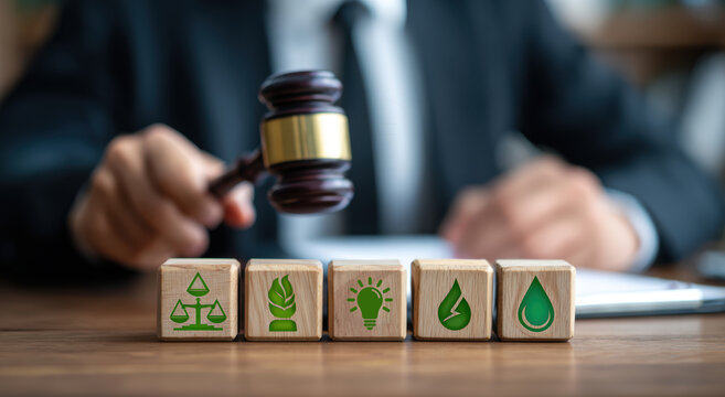 Judge strikes wooden blocks with green energy and ecology icons using gavel, set in office with blurred scale - Powered by Adobe