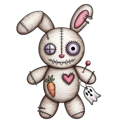 Spooky Voodoo Bunny Doll with Floppy Stitched Ear, Mismatched Button Eyes, and Torn Heart Patch with Pin 