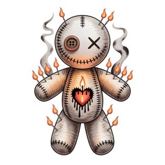 Voodoo Doll with Burning Heart Candle, Stitched Mischievous Smile, Button Eyes, and Mini Flame Pins 