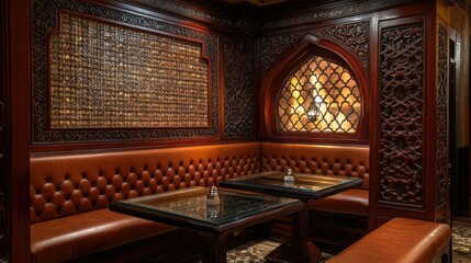 Ornate corner booth with inlaid wall, glass-topped tables and rich leather seating