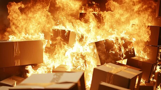A close-up of numerous cardboard boxes engulfed in fierce, orange flames, signifying a destructive fire.
