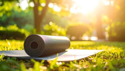 Yoga mat rolled up on grass in park