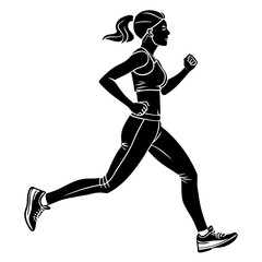 Silhouette of a fit woman running in athletic wear with a ponytail captured in a dynamic side profile against a white background