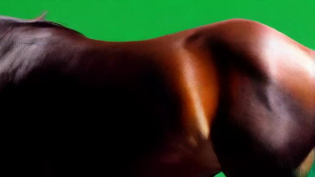 Brown horse eating hay on a green screen background looking directly at the camera with a white star mark green screen animal video
