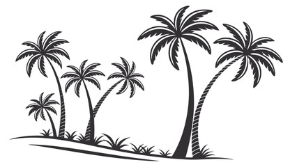 Silhouette of several palm trees with lush green grass on a white background representing a tropical island landscape