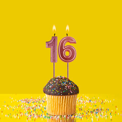 Number 16 candle - Birthday candle with chocolate cupcake