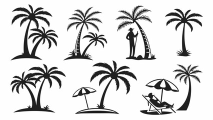 Collection of black silhouette tropical palm trees and beach scenes with a person relaxing under an umbrella