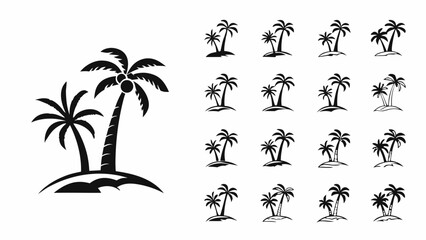 Collection of stylized black and white palm tree icons on small islands representing tropical beach vacation destinations