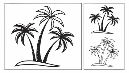 Stylized black and white illustrations of three palm trees on small islands representing tropical paradise