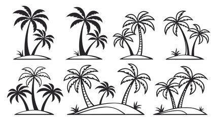 Collection of stylized black and white silhouette palm trees on small islands with grassy accents