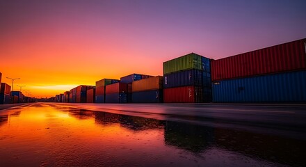 Obraz premium Vibrant Sunset Over Cargo Containers Logistics Hub at Dusk with Colorful Intermodal Containers Reflecting Twilight Hues