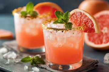 Grapefruit Cocktail With Mint and Gold Rim – Food Shot