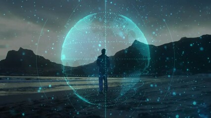 Mature man arriving shoreline and activating rotating holographic globe displaying data insights - Powered by Adobe