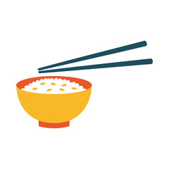 A bowl of rice with chopsticks resting on top is isolated on white background