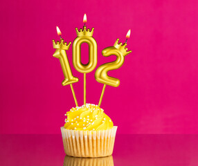 Yellow birthday cupcake with a number 102 candle - Birthday card on a pink background