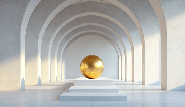 Golden sphere on a white pedestal in a sunlit archway hall
