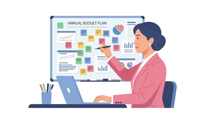 Businesswoman Analyzing Annual Budget Plan with Laptop and Pen.