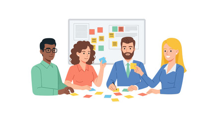 Diverse Team Brainstorming with Sticky Notes at Table Whiteboard Background.