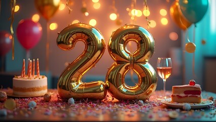 Celebrating 28th Birthday: Golden Balloons, Cake, and Festive Cheer