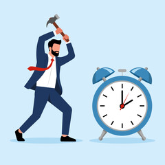 Fototapeta premium Illustration of a frustrated businessman smashing an alarm clock with a hammer, symbolizing time pressure, stress, and the desire to break free from deadlines.