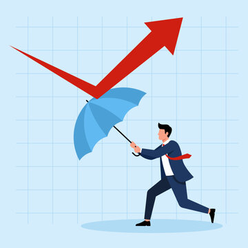 Illustration of a businessman using an umbrella to deflect a volatile market arrow, symbolizing risk protection and crisis management.