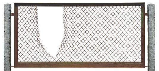 Torn rusty chain link fence texture background, horizontal isolated broken old aged weathered...