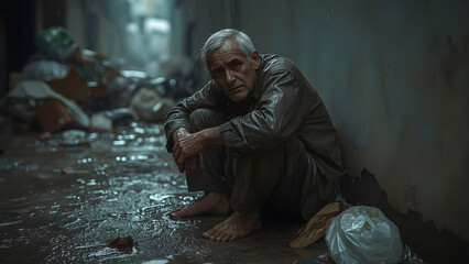 Elderly Palestinian Man Sitting Alone in Slum Alley on Rainy Day – Emotional Urban Portrait in Watercolor Style