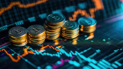 A stack of coins on a digital stock market graph.