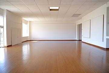 Empty, bright room with polished wood floor and white walls