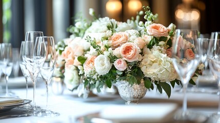 Elegant floral centerpiece on a beautifully set table for a special occasion