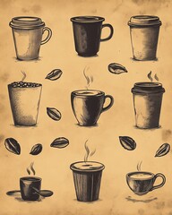 Artistic coffee cup illustrations on textured background.