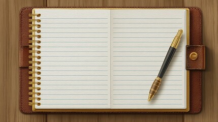 Open notebook with blank lined pages and a pen, rests on a wooden surface