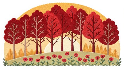 A whimsical illustration of a red autumn forest with poppies and a yellow sun in the background