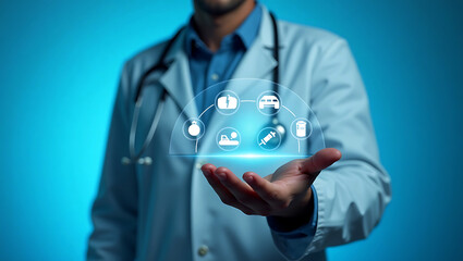 Doctor presenting a futuristic holographic interface displaying medical icons and services with a stethoscope around his neck