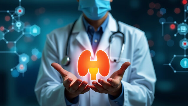 Doctor wearing a mask and stethoscope holds glowing kidney organ in hands with futuristic medical network background