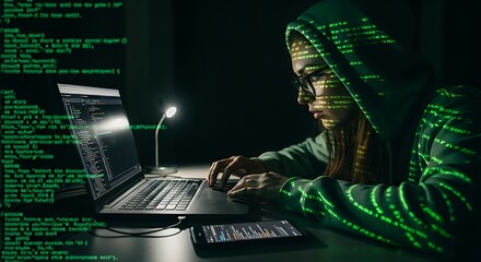 A focused woman wearing a hoodie and glasses, illuminated by green code on her laptop screen, works on a computer in a dark room