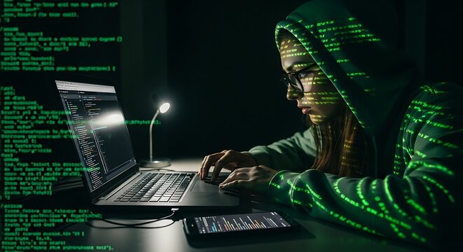 A focused woman wearing a hoodie and glasses, illuminated by green code on her laptop screen, works on a computer in a dark room