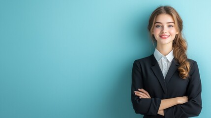 Confident businesswoman posing against blue wall professional portrait studio empowerment smiling confidence