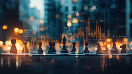 Strategic chess match amidst urban financial landscape digital art night scene high-tech concept