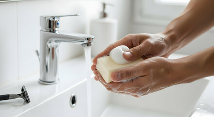Close-up of Hands Washing with Natural Soap Bar under Running Water for Hygiene.