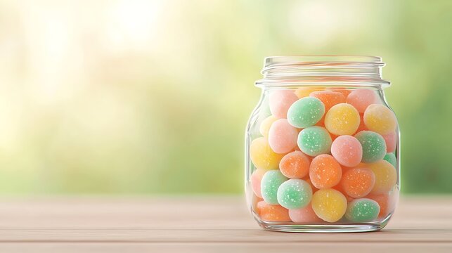 Glass jar filled with colorful sugared gumdrops on a wooden surface