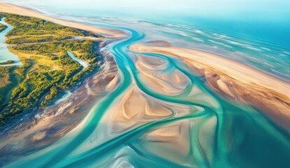 Aerial view of a braided river delta, vibrant colors