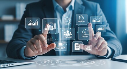 A businessman interacts with a futuristic interface, touching icons for learning, ai, data analysis, and document sharing, representing modern educational technology and business strategy