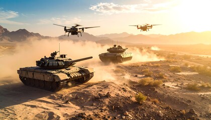 Military drones and tanks in a desert landscape