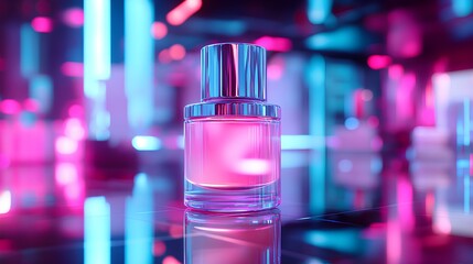 Neon Perfume Bottle: A stylish perfume bottle with a silver cap reflects in a glossy surface, bathed in vibrant neon pink and blue light.