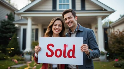 Happy Couple Celebrating Buying New Home with Sold Sign and Confetti Falling