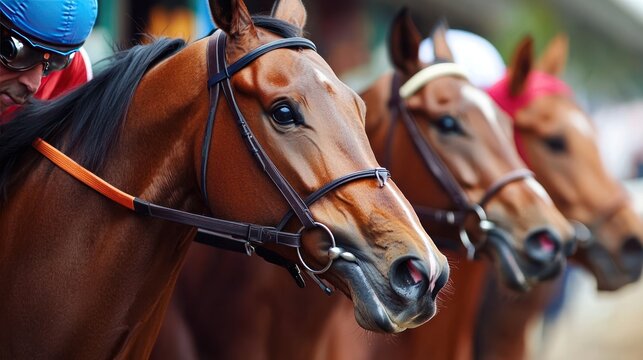 Racehorses at starting gate, jockey focused, blurred background, equestrian sport image - Powered by Adobe
