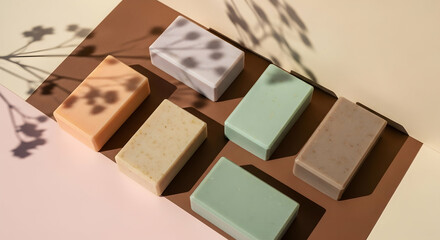 Collection of artisanal natural soap bars with botanical shadows on a minimalist, earthy background, perfect for eco-friendly skincare and wellness.